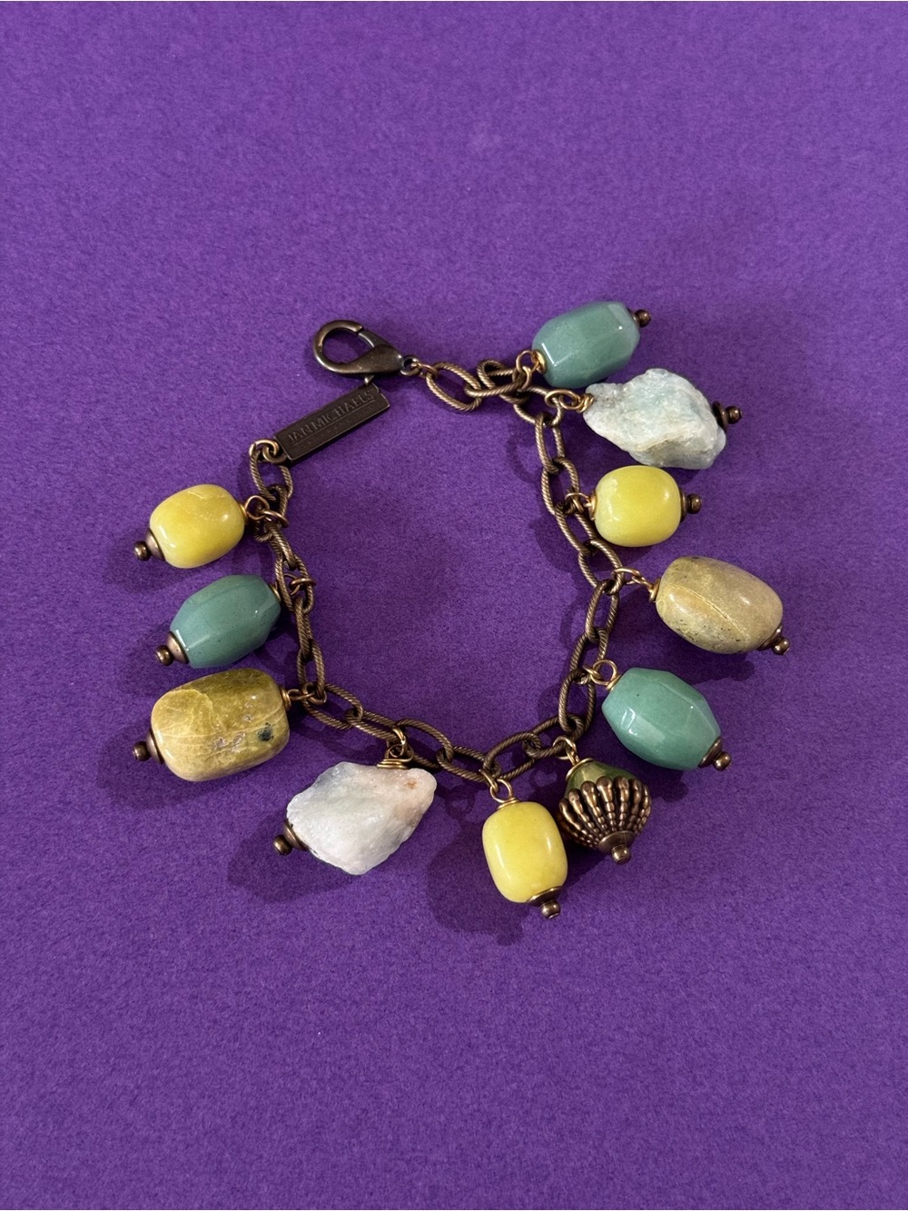 Jan Michaels Yellow and Teal Beaded Charm Bracelet with Mixed Stones